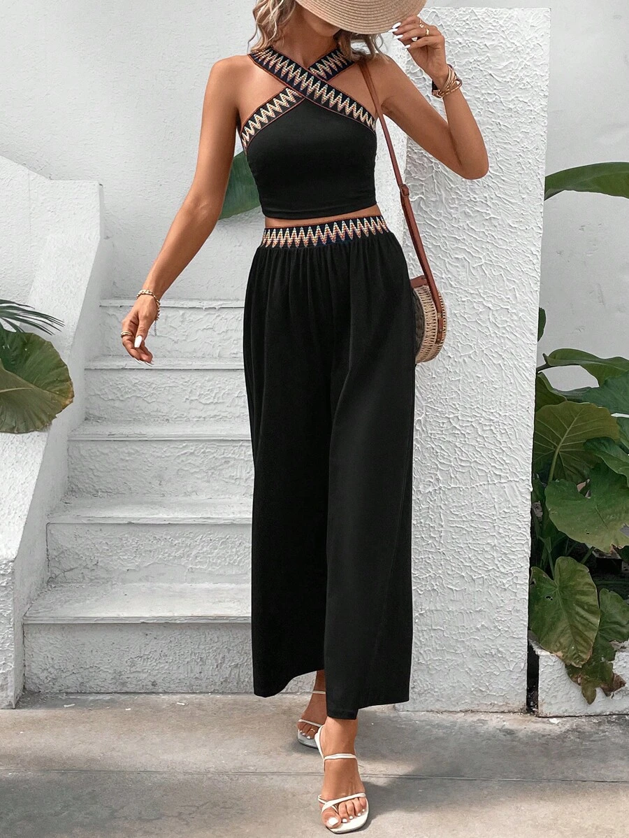 SHEIN VCAY Contrast Tape Top & Wide Leg Pants - Black - View 1