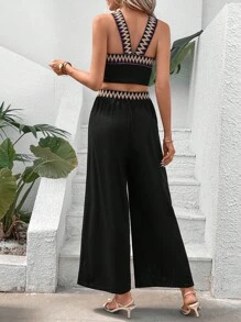 SHEIN VCAY Contrast Tape Top & Wide Leg Pants - Black - View 2