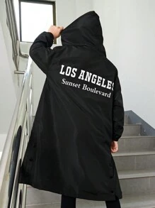 SHEIN Cô gái Tween Đồ họa Chữ cái Dây kéo áo có mũ Áo khoác - màu đen - Xem 1