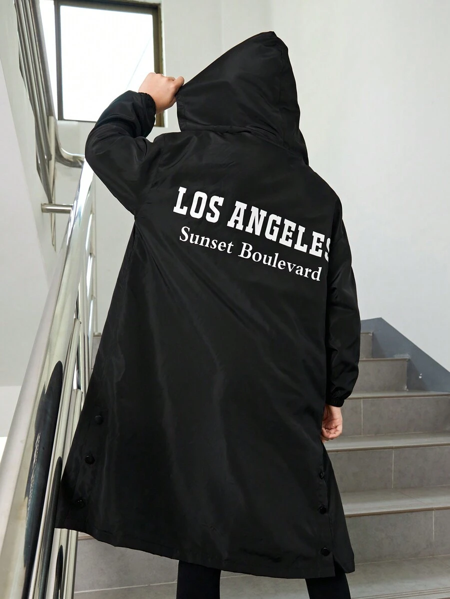 SHEIN Cô gái Tween Đồ họa Chữ cái Dây kéo áo có mũ Áo khoác - màu đen - Xem 1