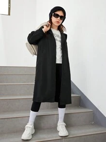 SHEIN Cô gái Tween Đồ họa Chữ cái Dây kéo áo có mũ Áo khoác - màu đen - Xem 2