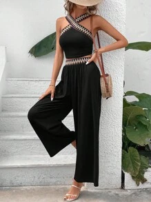 SHEIN VCAY Contrast Tape Top & Wide Leg Pants - Black - View 4