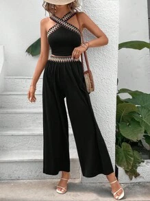 SHEIN VCAY Contrast Tape Top & Wide Leg Pants - Black - View 5