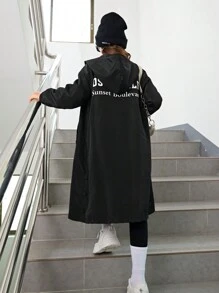 SHEIN Cô gái Tween Đồ họa Chữ cái Dây kéo áo có mũ Áo khoác - màu đen - Xem 4