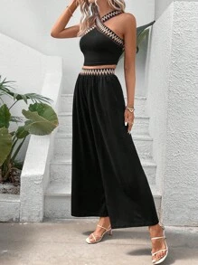 SHEIN VCAY Contrast Tape Top & Wide Leg Pants - Black - View 6