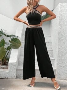 SHEIN VCAY Contrast Tape Top & Wide Leg Pants - Black - View 7