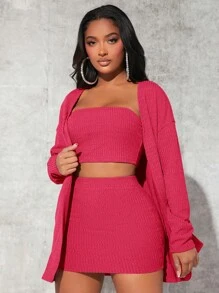 SHEIN SXY 素色抹胸上衣和半身裙和開門襟外套 - 玫紅色 - 查看 1