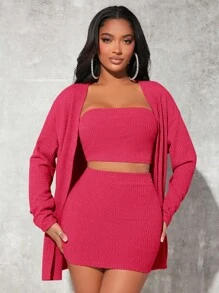 SHEIN SXY 素色抹胸上衣和半身裙和開門襟外套 - 玫紅色 - 查看 4