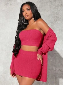 SHEIN SXY 素色抹胸上衣和半身裙和開門襟外套 - 玫紅色 - 查看 6