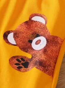 SHEIN 2件套兒童夏季短袖T恤和褲子男童素色可愛熊印花套裝 - 黃色 - 查看 5