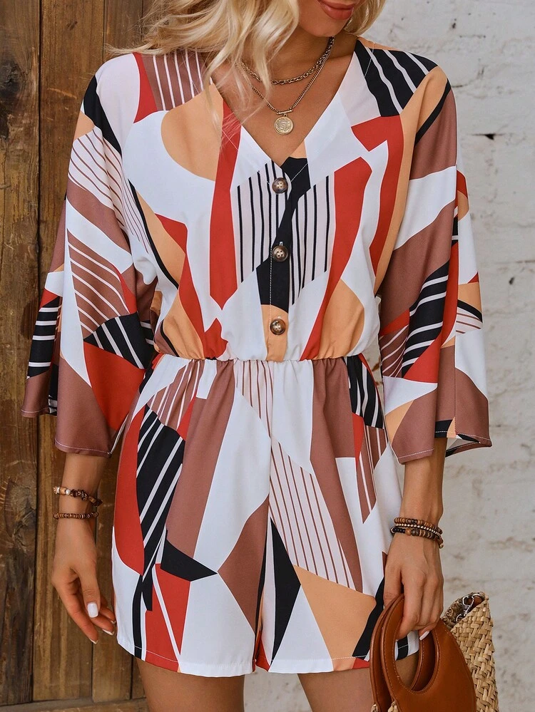 SHEIN VCAY Geo Print Button Front Romper - Multicolor - View 5