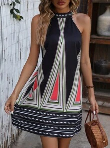 Breezaya Geo Print Tie Back Halter Neckline Dress - Black - View 6