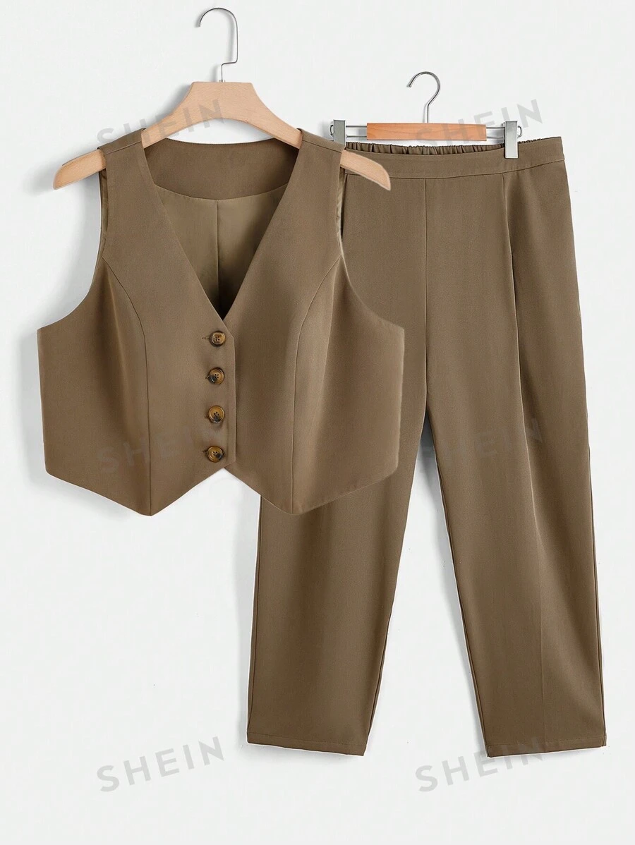 SHEIN Clasi Blazer chaleco con botón delantero con pantalones sin top tubo