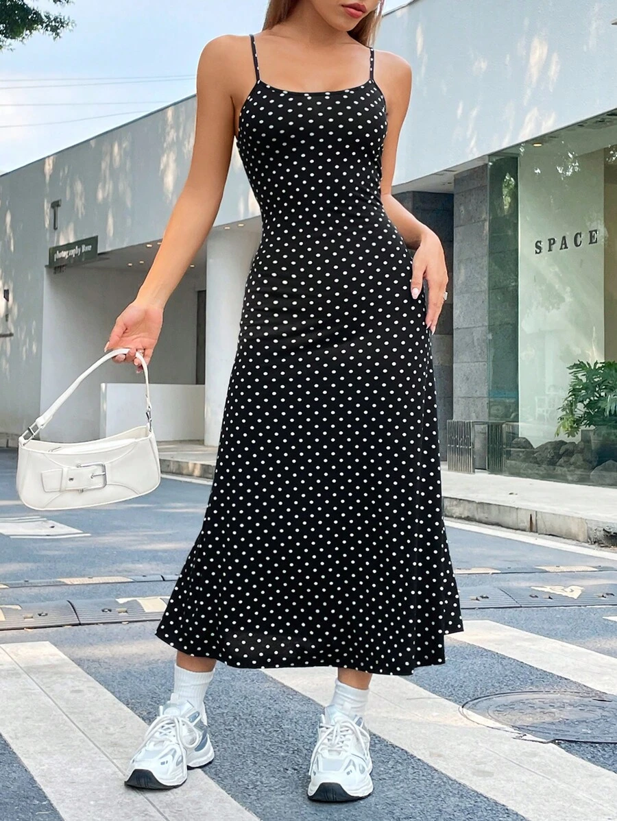 SHEIN EZwear Polka Dot Print Cami Dress - Black - View 1