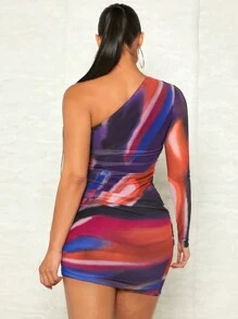 SHEIN BAE Vestido ajustado de tie dye de un hombro fruncido - Multicolor - Ver 3