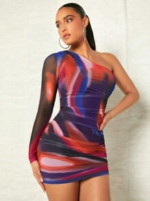 SHEIN BAE Vestido ajustado de tie dye de un hombro fruncido - Multicolor - Ver 4