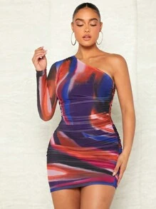SHEIN BAE Vestido ajustado de tie dye de un hombro fruncido - Multicolor - Ver 5
