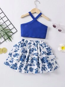 SHEIN Cô Gái Trẻ Áo hai dây & Bản in nhiệt đới Lớp viền Váy - Nhiều màu - Xem 2