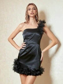 D&M One Shoulder Appliques Detail Satin Dress