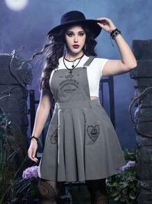 Deniart Goth Plus Letter Graphic Overall Dress Without Tee - Grey - View 1