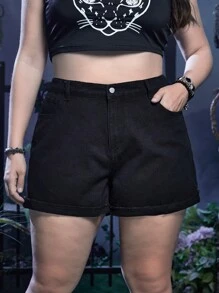 ROMWE Goth Plus Butterfly Print Denim Shorts - Black - View 2