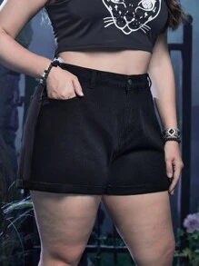 ROMWE Goth Plus Butterfly Print Denim Shorts - Black - View 3