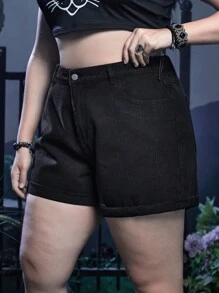 ROMWE Goth Plus Butterfly Print Denim Shorts - Black - View 4