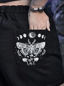 ROMWE Goth Plus Butterfly Print Denim Shorts - Black - View 5