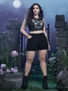 ROMWE Goth Plus Butterfly Print Denim Shorts - Black - View 6