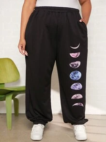 SHEIN CURVE+ Plus Moon Print Elastic Waist Joggers - Black - View 3