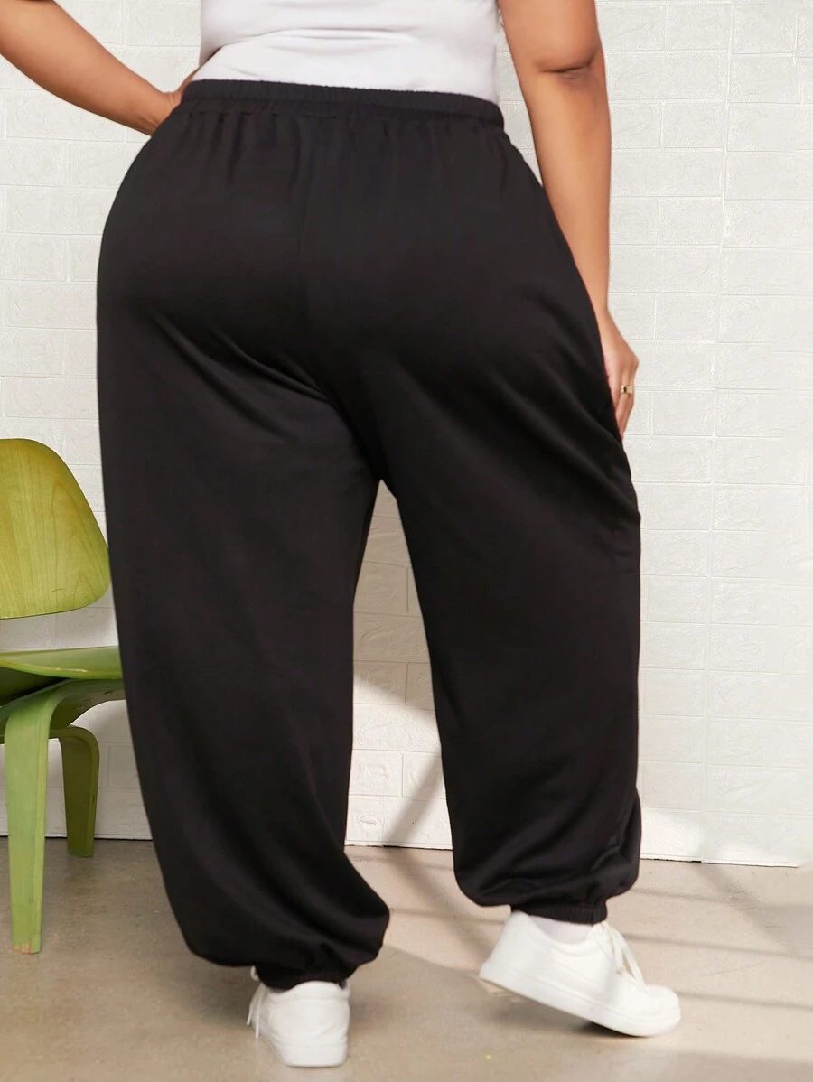 SHEIN CURVE+ Plus Moon Print Elastic Waist Joggers - Black - View 1