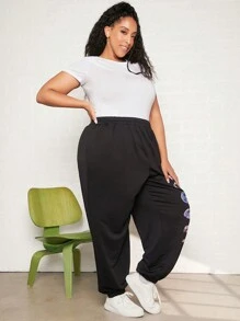 SHEIN CURVE+ Plus Moon Print Elastic Waist Joggers - Black - View 6