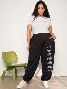 SHEIN CURVE+ Plus Moon Print Elastic Waist Joggers - Black - View 7