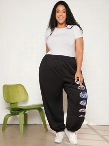 SHEIN CURVE+ Plus Moon Print Elastic Waist Joggers - Black - View 5