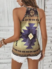 SHEIN LUNE 幾何印花掛脖上衣 - 卡其色 - 查看 2