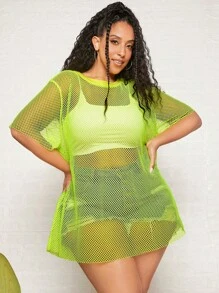 SHEIN CURVE+ áo nữ kích thước lớn cắt màu trơn Gợi cảm - Màu xanh chanh - Xem 1