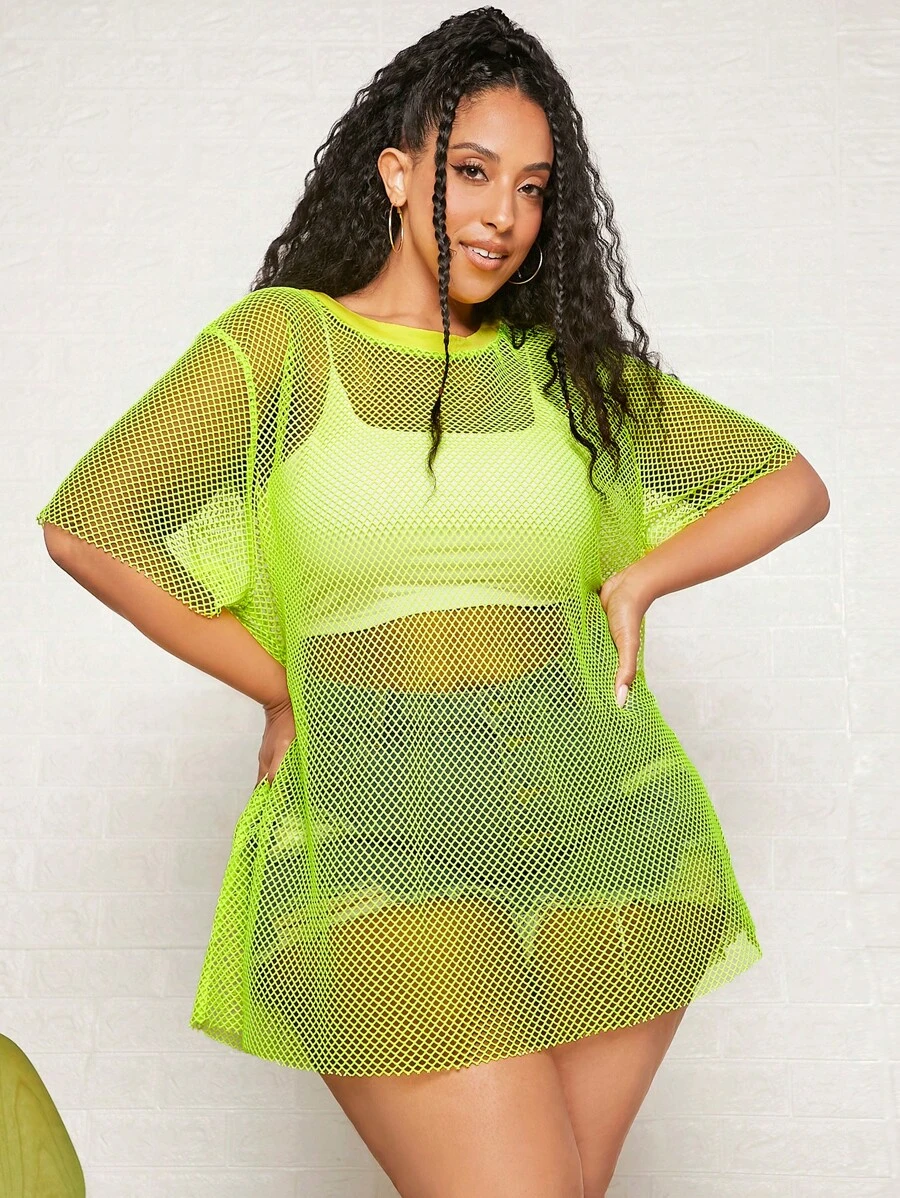 SHEIN CURVE+ áo nữ kích thước lớn cắt màu trơn Gợi cảm - Màu xanh chanh - Xem 1