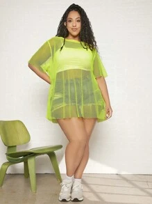 SHEIN CURVE+ áo nữ kích thước lớn cắt màu trơn Gợi cảm - Màu xanh chanh - Xem 7