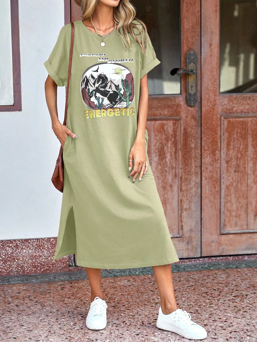 SHEIN LUNE Đầm Túi Chia Lá thư Thực vật Giải trí - Màu xanh Bạc hà - Xem 1