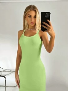 SHEIN EZwear Solid Cami Bodycon Dress - Lime Green - View 4