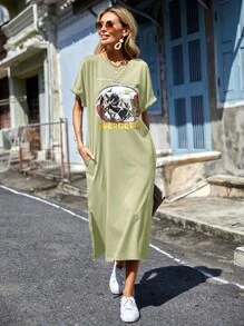 SHEIN LUNE Đầm Túi Chia Lá thư Thực vật Giải trí - Màu xanh Bạc hà - Xem 5