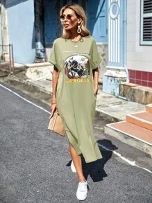 SHEIN LUNE Đầm Túi Chia Lá thư Thực vật Giải trí - Màu xanh Bạc hà - Xem 6