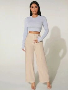 SHEIN PETITE Solid Wide Leg Trousers - Beige - View 3