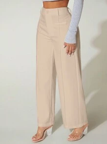 SHEIN PETITE Solid Wide Leg Trousers - Beige - View 4