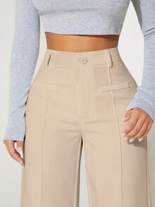 SHEIN PETITE Solid Wide Leg Trousers - Beige - View 5