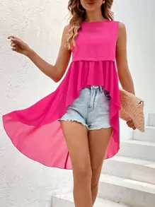SHEIN VCAY Solid High Low Hem Sleeveless Blouse