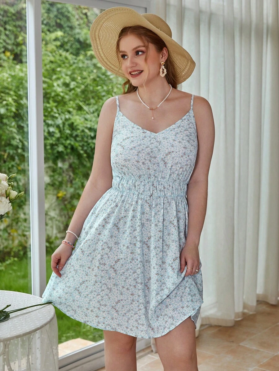 SHEIN VCAY 大碼碎花吊帶連衣裙 - 霧霾藍 - 查看 1