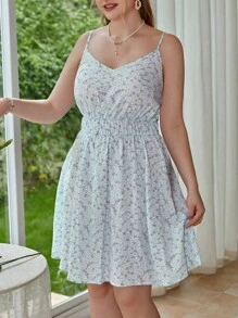 SHEIN VCAY 大碼碎花吊帶連衣裙 - 霧霾藍 - 查看 5