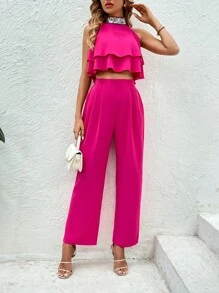 Allurite Top halter con lentejuela en contraste ribete con fruncido con pantalones - Rosa Fucsia - Ver 1
