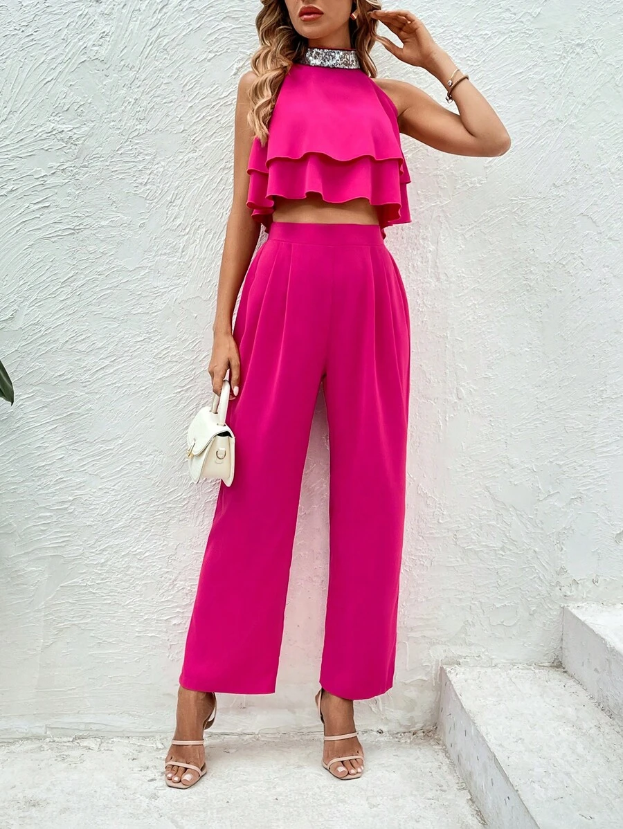 Allurite Top halter con lentejuela en contraste ribete con fruncido con pantalones - Rosa Fucsia - Ver 1